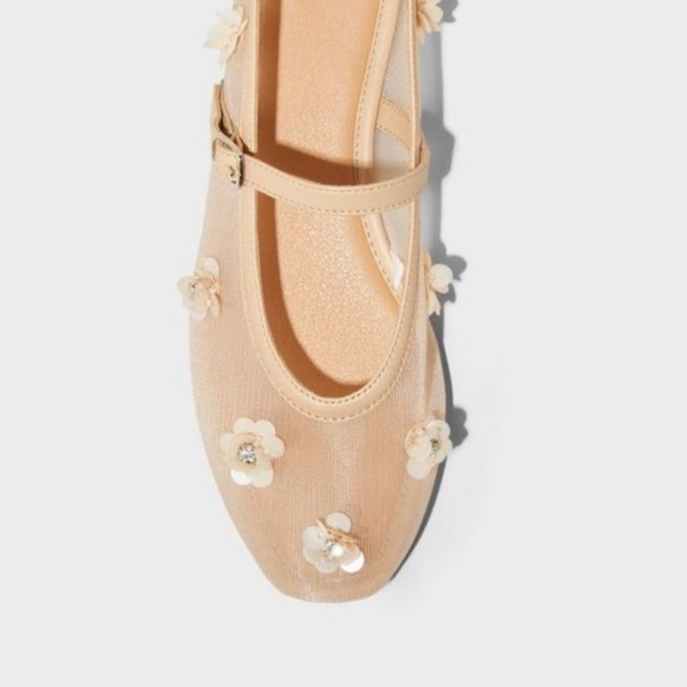 Mesh 3D flower appliqué embellished beaded ballet flats cream nude color - Picture 5 of 6